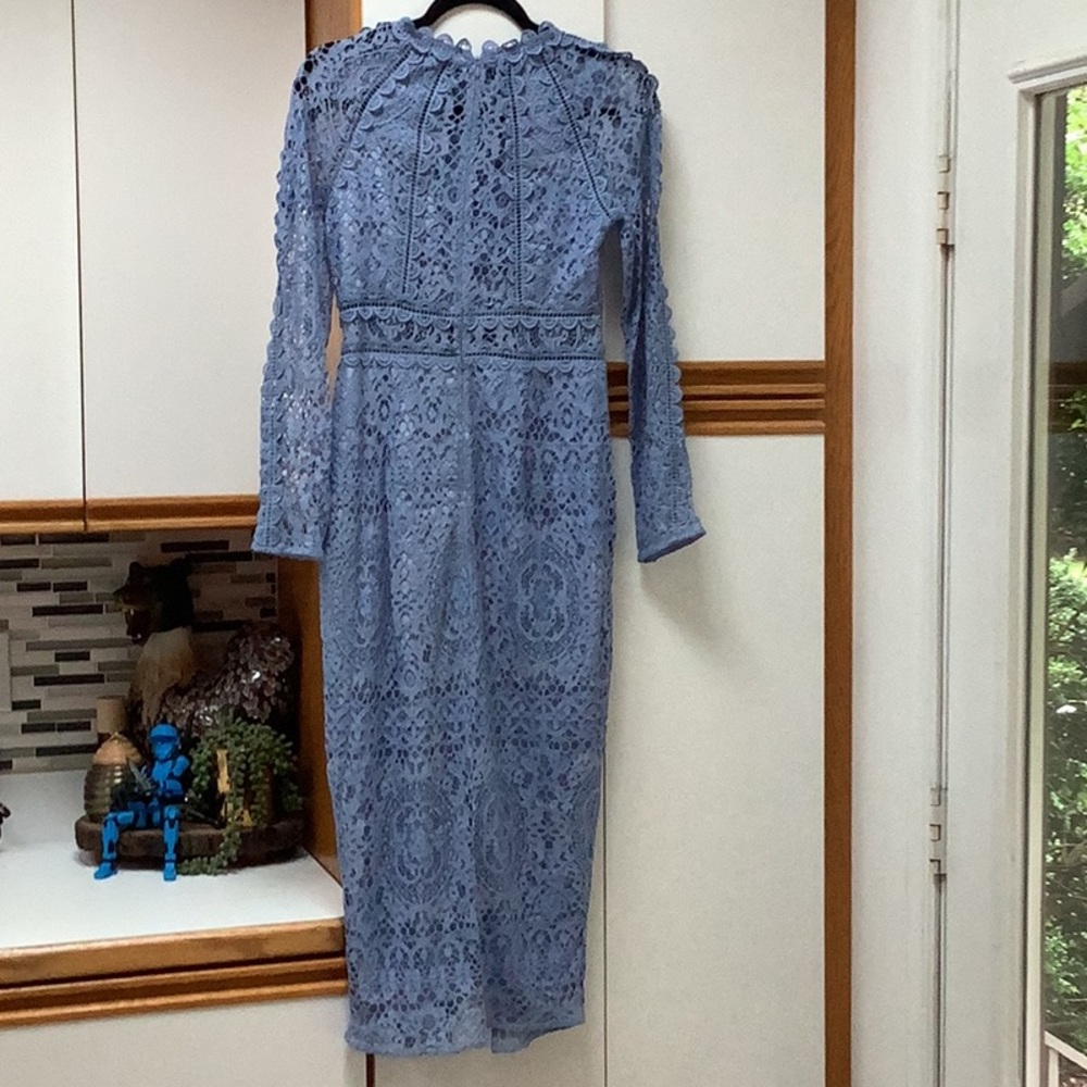 ASOS Blue Long Sleeve Pencil Dress in Lace Geo Lace Trim - Picture 5 of 6